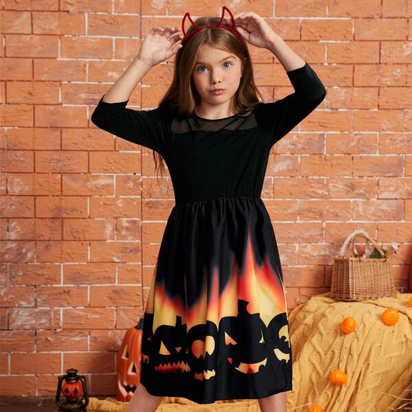 

Girls Pumpkin Print Contrast Mesh Halloween Costume A-line Dress, Black