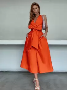 SHEIN Privé Big Bow Front Hidden Pocket Backless Dress - Orange - View 1