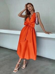 SHEIN Privé Big Bow Front Hidden Pocket Backless Dress - Orange - View 3
