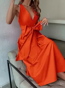 SHEIN Privé Big Bow Front Hidden Pocket Backless Dress - Orange - View 4