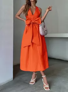 SHEIN Privé Big Bow Front Hidden Pocket Backless Dress - Orange - View 5