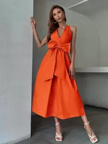 SHEIN Privé Big Bow Front Hidden Pocket Backless Dress - Orange - View 6