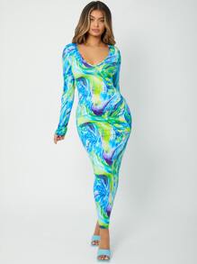 SHEIN SXY 滿版印花V領緊身連衣裙 - 彩色 - 查看 4