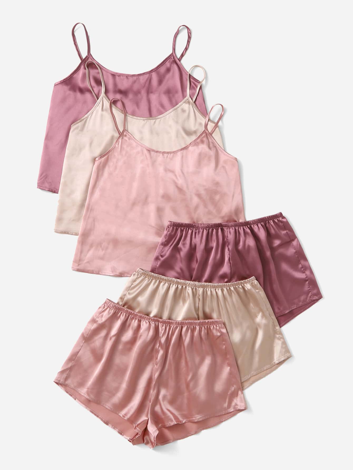 6pcs Solid Satin PJ Set / Pajama Set - Multicolor - View 4