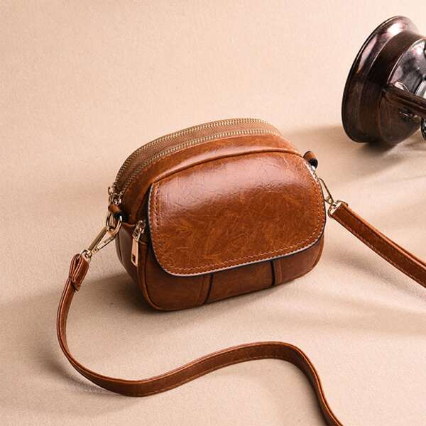 

Vintage Design Flap Crossbody Bag, Brown