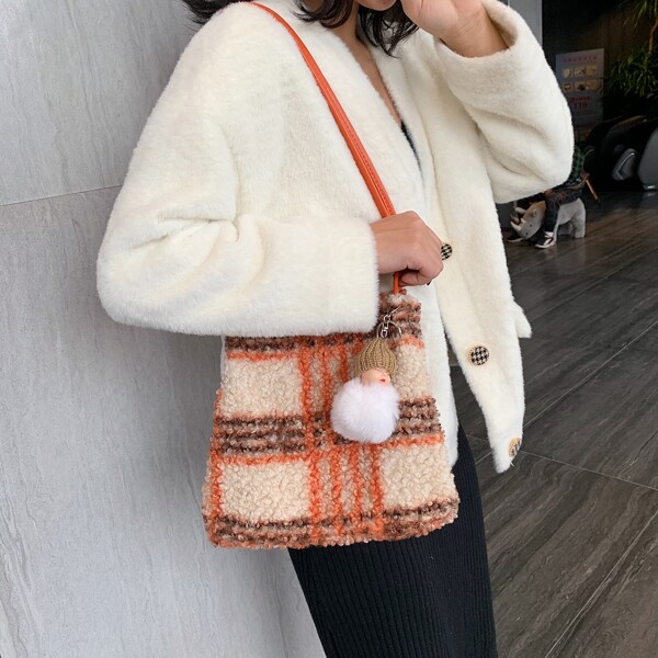 

Plaid Pattern Shoulder Bag With Bag Charm, Multicolor