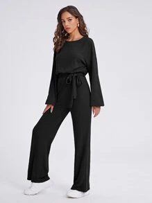 SHEIN Bộ đồ hai mảnh nữ Thắt lưng Gân đan màu trơn Giải trí - màu đen - Xem 1