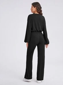 SHEIN Bộ đồ hai mảnh nữ Thắt lưng Gân đan màu trơn Giải trí - màu đen - Xem 2