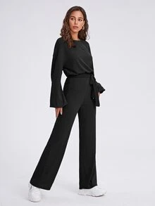 SHEIN Bộ đồ hai mảnh nữ Thắt lưng Gân đan màu trơn Giải trí - màu đen - Xem 3