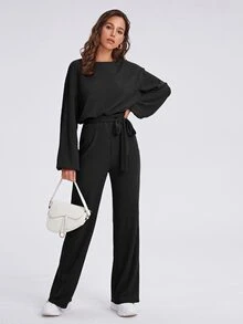 SHEIN Bộ đồ hai mảnh nữ Thắt lưng Gân đan màu trơn Giải trí - màu đen - Xem 5