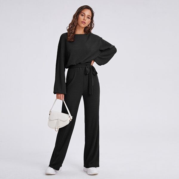 

Drop Shoulder Lantern Sleeve Crop Pullover & Flare Leg Pants Set, Black