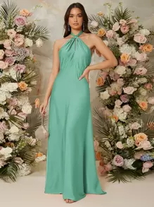 SHEIN Vestido de espalda abierta con cordón de satén - Verde - Ver 1