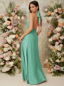 SHEIN Vestido de espalda abierta con cordón de satén - Verde - Ver 2