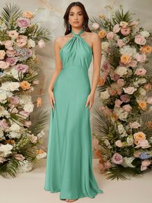 SHEIN Vestido de espalda abierta con cordón de satén - Verde - Ver 3