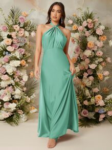 SHEIN Vestido de espalda abierta con cordón de satén - Verde - Ver 4