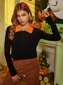 Lunelith SHEIN Lunessa Contrast Collar Zip Up Cardigan