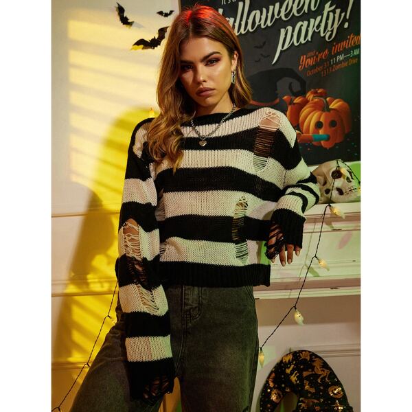 

Striped Pattern Ripped Drop Shoulder Sweater, Black and white