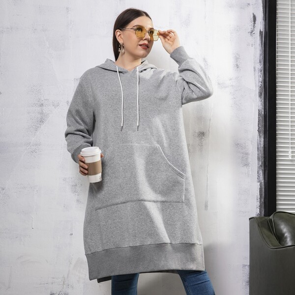 

Plus Kangaroo Pocket Slit Hem Drawstring Hoodie, Grey