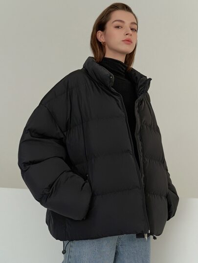 DAZY Chaqueta casual de invierno para mujer con cuello alto, cierre frontal con cremallera y hombros caídos, de unicolor