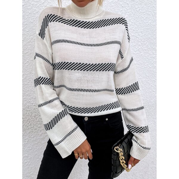 

Striped Pattern Turtle Neck Drop Shoulder Sweater, White