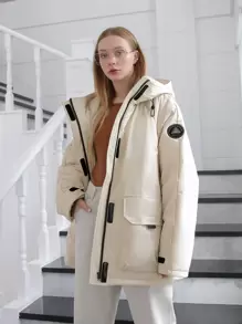 DAZY Letter Patched Flap Pocket Drawstring Hooded Padded Coat - Beige - View 9