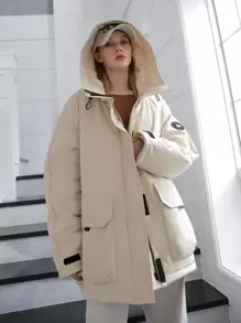 DAZY Letter Patched Flap Pocket Drawstring Hooded Padded Coat - Beige - View 8