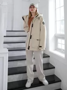 DAZY Letter Patched Flap Pocket Drawstring Hooded Padded Coat - Beige - View 10