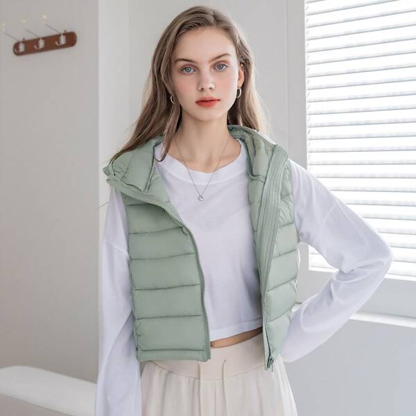 

Zipper Hooded Vest Puffer Coat, Mint green
