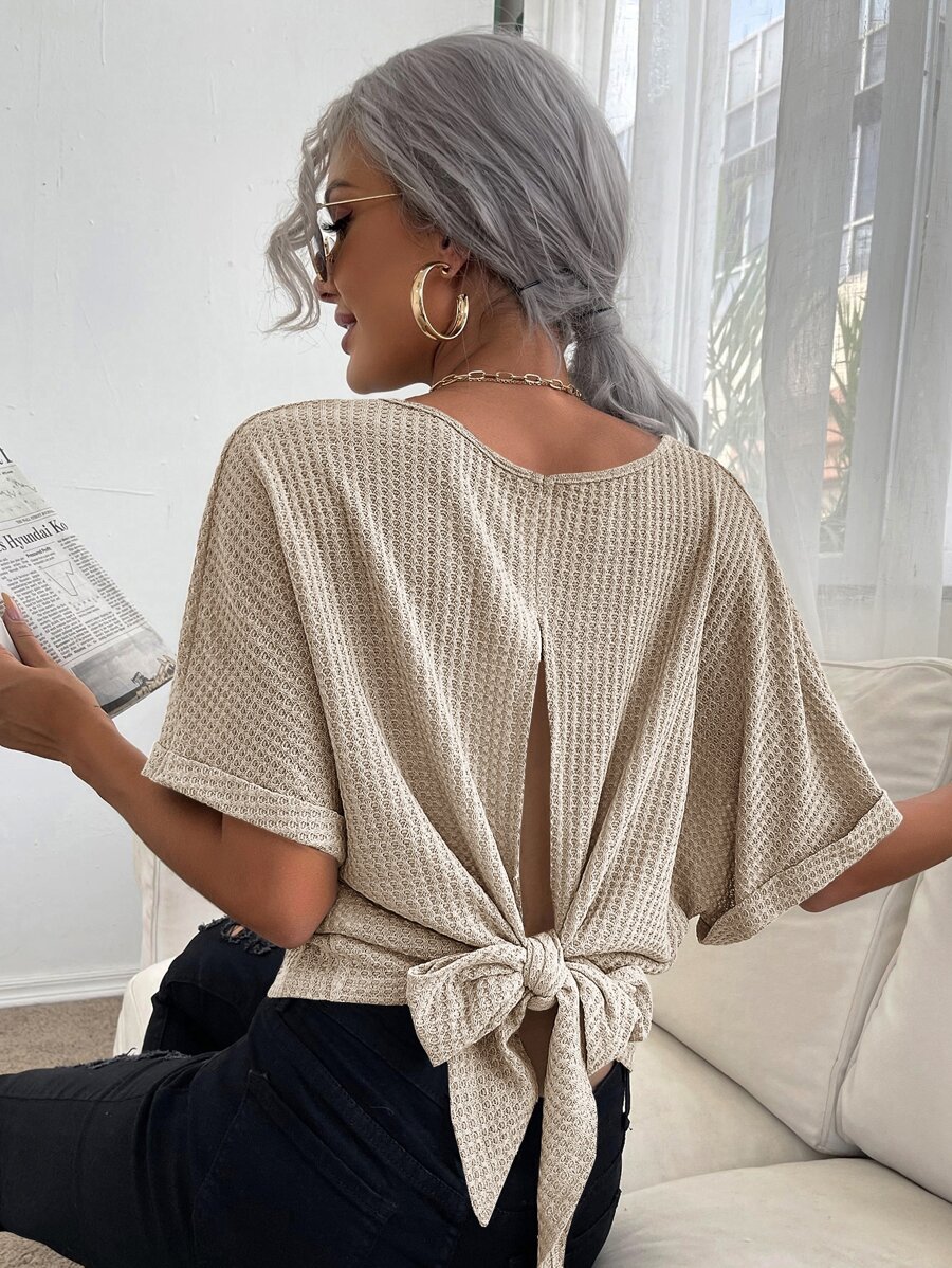 SHEIN Privé Solid Knot Back Waffle Tee - Beige - View 1