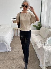 SHEIN Privé Solid Knot Back Waffle Tee - Beige - View 2