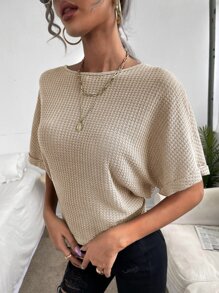 SHEIN Privé Solid Knot Back Waffle Tee - Beige - View 3