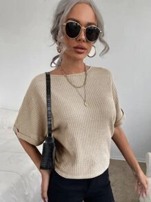 SHEIN Privé Solid Knot Back Waffle Tee - Beige - View 4
