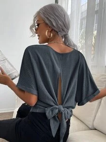 SHEIN Essnce Áo thun nữ Cắt ra Buộc lại màu trơn Giải trí - Màu xám đen - Xem 1