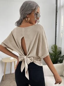 SHEIN Privé Solid Knot Back Waffle Tee - Beige - View 5