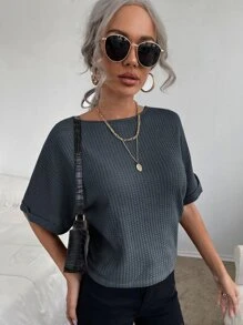 SHEIN Essnce Áo thun nữ Cắt ra Buộc lại màu trơn Giải trí - Màu xám đen - Xem 3