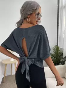 SHEIN Essnce Áo thun nữ Cắt ra Buộc lại màu trơn Giải trí - Màu xám đen - Xem 4