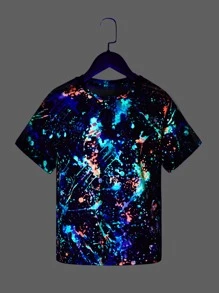 SHEIN Summer Knitted Casual Style Short Sleeve Round Neck Tween Boys' Reflective Ink Splatter Print T-Shirt - Multicolor - View 1