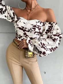 SHEIN Frenchy Off The Shoulder Plants Print Shirred Back Crop Blouse - Multicolor - View 1