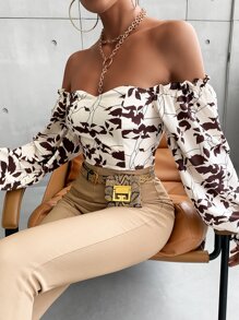 SHEIN Frenchy Off The Shoulder Plants Print Shirred Back Crop Blouse - Multicolor - View 5