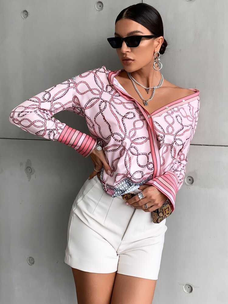 SHEIN Privé Blusa con estampado de dibujo con botón - Multicolor - Añade 6