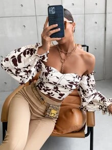 SHEIN Frenchy Off The Shoulder Plants Print Shirred Back Crop Blouse - Multicolor - View 6
