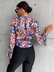 SHEIN Unity All Over Print Plisse Dip Hem Blouse - Multicolor - View 2
