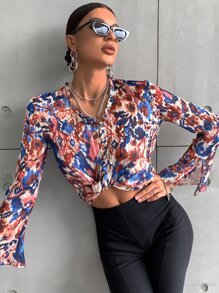 SHEIN Unity All Over Print Plisse Dip Hem Blouse - Multicolor - View 3