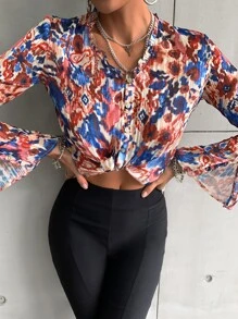 SHEIN Unity All Over Print Plisse Dip Hem Blouse - Multicolor - View 4