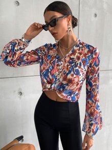 SHEIN Unity All Over Print Plisse Dip Hem Blouse - Multicolor - View 5