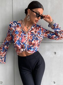 SHEIN Unity All Over Print Plisse Dip Hem Blouse - Multicolor - View 6