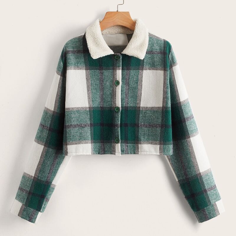 

Plaid Button Front Crop Jacket, Multicolor