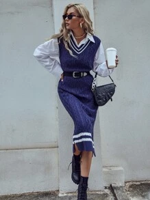 Seusyu 條紋圖案邊麻花編織不帶襯衫毛衣洋裝 - 藏蓝色 - 查看 1