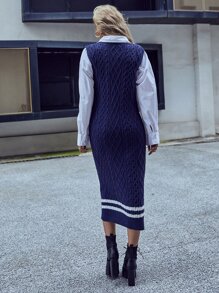 Seusyu 條紋圖案邊麻花編織不帶襯衫毛衣洋裝 - 藏蓝色 - 查看 2
