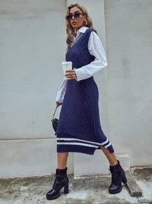 Seusyu 條紋圖案邊麻花編織不帶襯衫毛衣洋裝 - 藏蓝色 - 查看 3